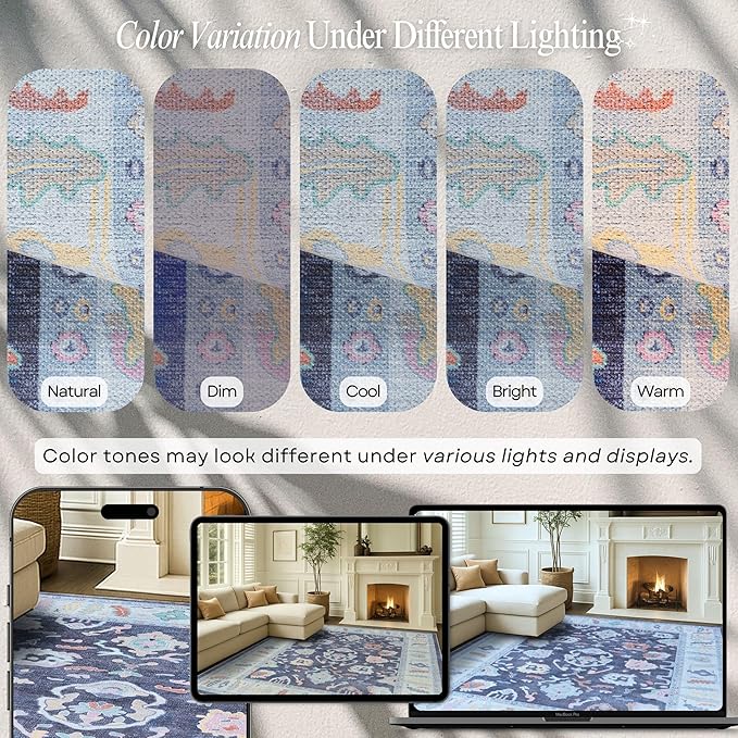 Fame Rugs Navy Blue Modern Oushak Rug 9x12, Vintage Turkish Colorful Oriental Washable Antique Inspired Oversize Area Rugs, Luxury Living Room Bedroom (386PBL, 9' x 12) (388NB, 9' x 12)