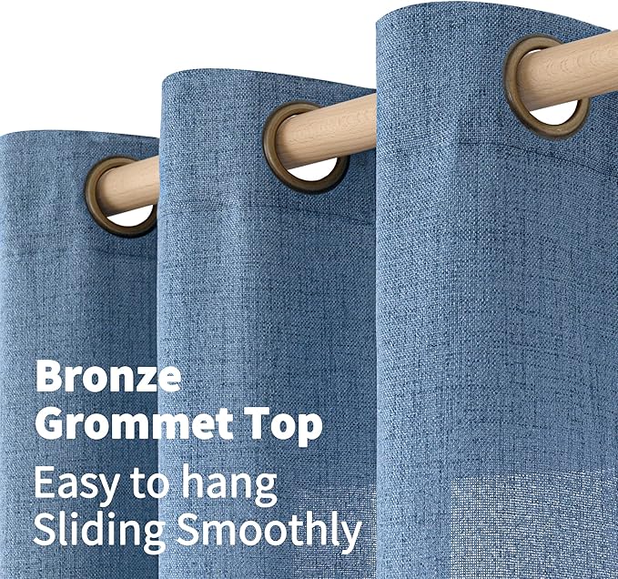 YoungsTex Denim Blue Linen Semi Sheer Curtains 80 Inch Length for Living Room, Light Filtering Window Drapes with Bronze Grommet Privacy for Dining Bedroom, 52 x 80 Inch, 2 Panels
