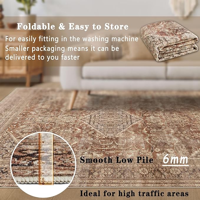 vivorug 8x10 Area Rugs for Living Room, Non-Slip Backing Washable Rug 8x10, Large Area Rug Soft Carpet for Bedroom Dining Room, Vintage, Easy Clean, Durable, Low Pile Rug Under Table, Earth Tone