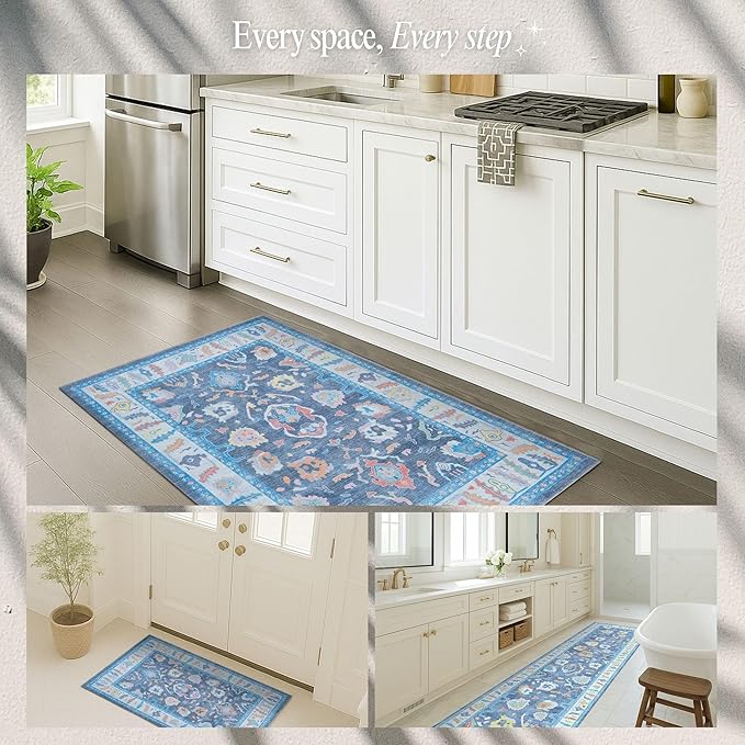 Fame Rugs Blue Modern Oushak Rug 2'6"x7', Washable Vintage Turkish Colorful Oriental Antique Inspired Foldable Small Runner Rugs, Luxury Living Room Bedroom (387BNB, 2'6" x 7')