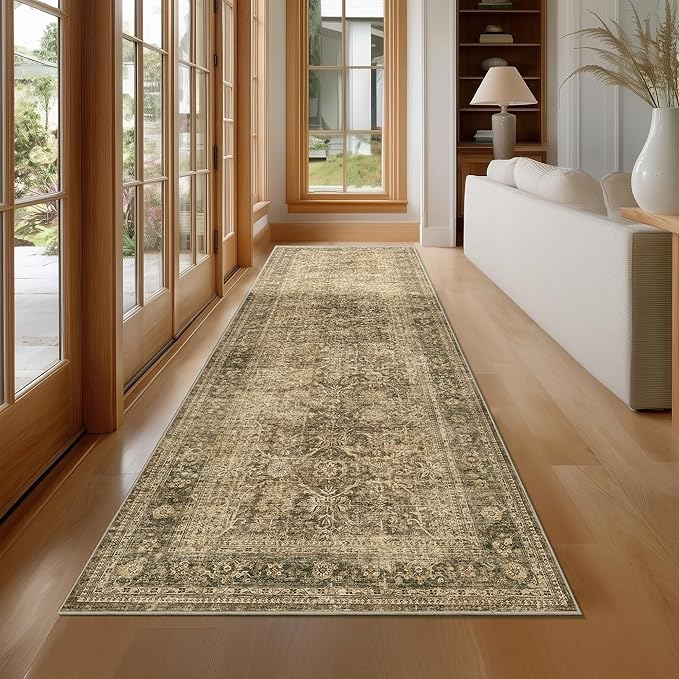 FMFUNCTEX 3x14 Runner Rug Brown Washable Vintage Neutral Distressed Non Slip Low Pile Indoor Carpet Soft Retro Floral Hallway Entryway Rug for Kitchen Living Room Bedroom Bathroom Laundry Bedside