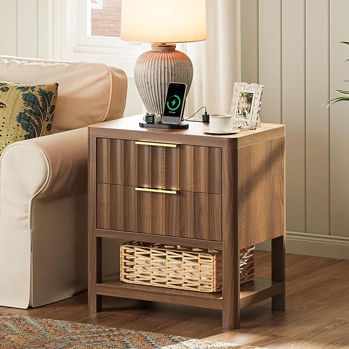 Huuger 27.6 Inch Tall Night Stands with Charger Station, USB-C Port, Fluted Nightstand Set of 2, Larger Wider Bed Side Table with 2 Deep Drawers, Open Shelf, Bedroom Living Room End Table, Walnut