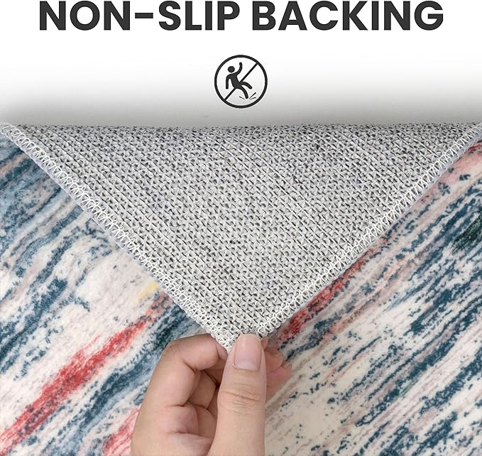 2x8 Modern Abstract Runner Rug for Hallways, Teal Blue Peach Gray Multi Super Soft Hallway Decor Kitchen Rugs with Non-Slip, Non-Shedding Washable Rug for Entryway Bedroom Laundry Indoor