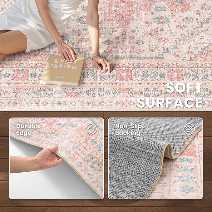 zesthome 10x12 Area Rugs for Girls Bedroom, Low Pile Machine Washable Rugs, Vintage Large Pink Rugs, Stain Resistant Nursery Room Rug, Baby Crawling Rug (Pink/Blue,10'x12')