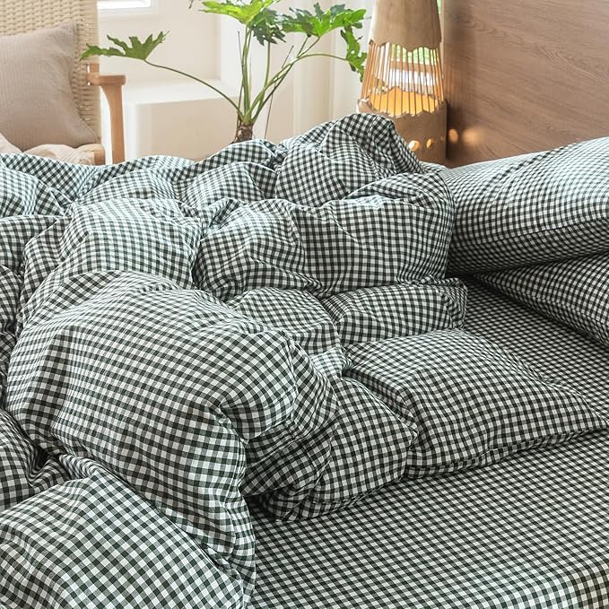 MooMee Gingham Duvet Cover Set 100% Washed Cotton Linen Like Textured Breathable Durable Soft Comfy Modern Checkered Design (Mini Gingham Forest Green, Full 80"x90")