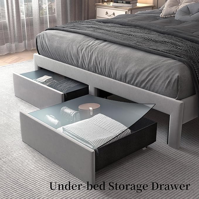 Full LED Bed Frame with Storage Drawers, Velvet Upholstered Platform Beds with Galaxy Star Projector Charging Station Speaker, Aurora Bedframe with 2-Tier Storage Headboard, Noise-Free, Grey