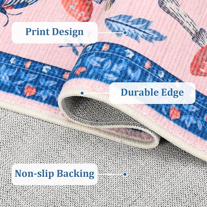 Mushroom Insect Washable Rug 5x7 Area Rugs for Bedroom Non Slip with Rubber Back Low Pile Stain Resistant Modern Butterfly Carpet for Living Room Nursery Kitchen Dining Room Blue Pink