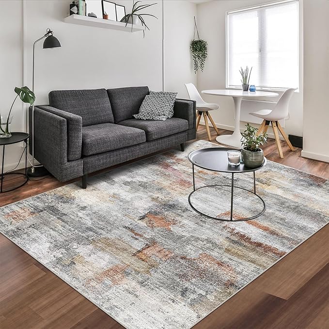 vivorug Washable Rug, Ultra Soft Area Rug 3x5, Non Slip Abstract Small Rug, Stain Resistant Rugs for Living Room Bedroom, Modern Fluffy Style (Gray/Rust, 3'x5')