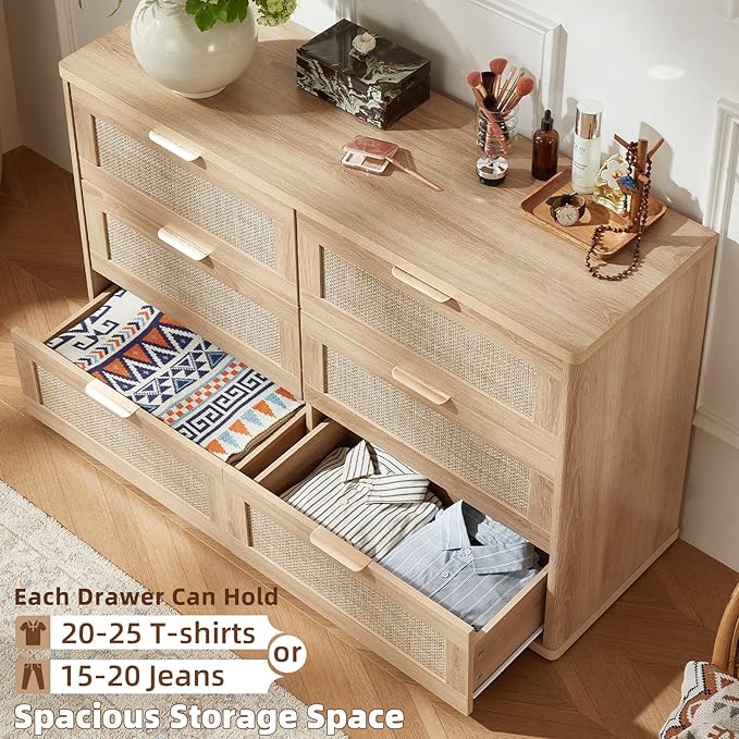 LEYAOYAO Rattan Dresser and Nightstand Sets 3 Piece, Boho Wood Dresser for Bedroom with 6 Drawers and Night Stand with Charging Station, Bedroom Furniture, Dressers & Chests of Drawers, Living Room