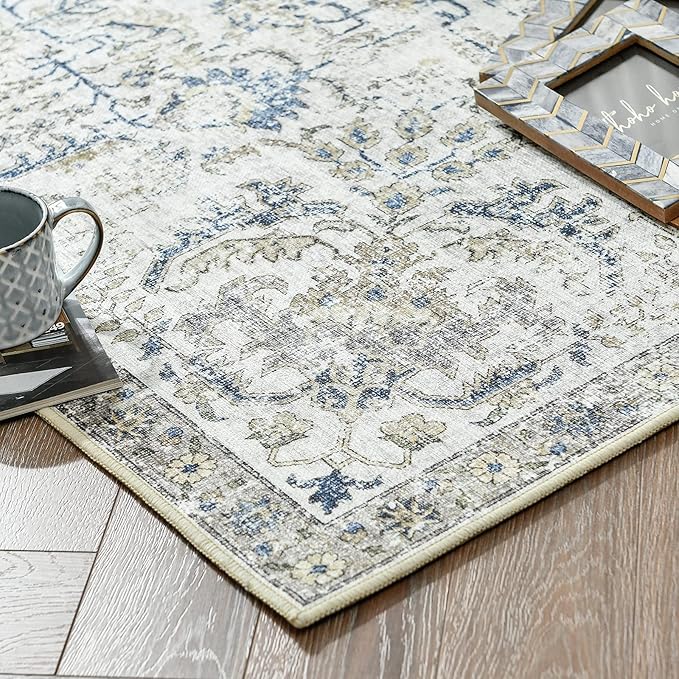 jinchan Kalen Area Rug 9x12 Washable Living Room Rug Vintage Indoor Large Floor Cover Retro Accent Mat Distressed Floral Country Boho Non Slip Thin Carpet for Bedroom Dining Room Office Blue Multi