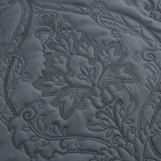 CHIXIN Bedspread Coverlet Quilt Set Full Size - Lightweight Bedding Cover - Beautiful Stitching - 5 Piece Reversible Bedspread - Gorgeous Damask Paisley Pattern (Full, Dark Grey)
