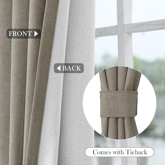 Macochico 100% Blackout Curtains Luxury Chenille Curtains for Living Room Thermal Blackout Curtains for Bedroom Hotel Banquet Classic Decor Light Taupe Curtains with Tieback 72"Wx96"L Grommet 1 Panel