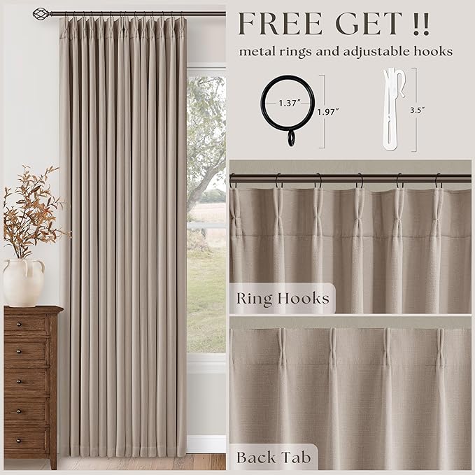 70 Inch Extra Wide Pinch Pleated Curtains Dual Layer for Living Room Bedroom 108 Inches Long Memory Trained Burlywood Birch Blackout Thermal Insulated Curtain with Back Tab Sliding Glass Door 1 Panel