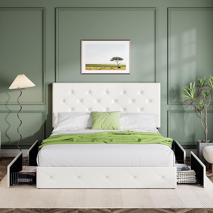 Allewie Upholstered Full Size Platform Bed Frame with 4 Storage Drawers and Headboard, Diamond Stitched Button Tufted, Mattress Foundation with Wooden Slats Support, No Box Spring Needed, White