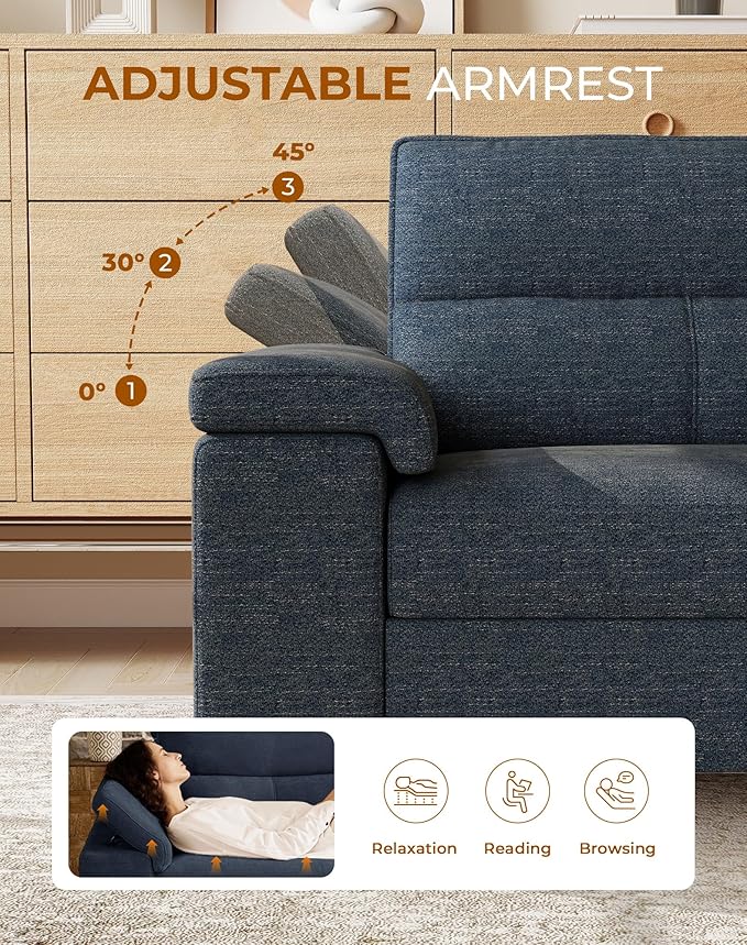 88.97" L Shaped Sectional Couches for Living Room, Deep Seat Sofa with Big Storage Ottoman & 8”Cushion, Comfy 2-Seater Chenille Loveseat, Convertible Armrest, Removable Cover for Small Space(Blue)
