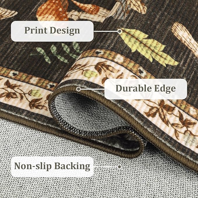 Mushroom 10x13 Area Rug for Living Room Washable Non Slip Forest Soft Low-Pile Stain Resistant Thin Large Throw Carpet for Bedroom Dining Room Office Brown