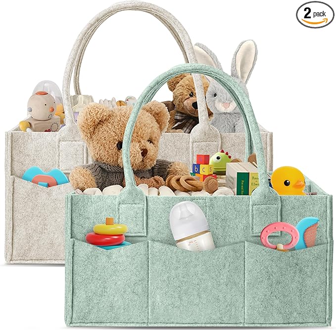 HIPHOP PANDA 2-Pack Diaper Caddy Organizer - Nursery Storage Bin & Car Organizer for Diapers, Wipes, and Baby Essentials - Dual-Color Solid Set (Green/Oatmeal), Regular Size