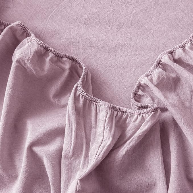 MooMee Fitted Bottom Sheet Only 100% Washed Cotton Linen Like Textured Breathable Durable Soft Comfy Deep Pocket Fits Mattress up to 17" (Light Purple, Queen)