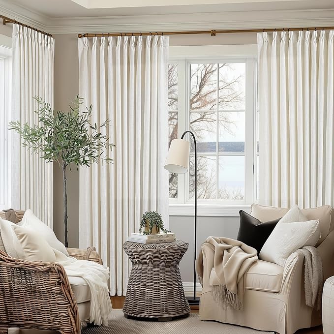 Pinch Pleated Extra Wide Curtain Panels 96 Inches Long 70 Wide Linen Curtain for Patio Sliding Glass Door Semi Sheer Cream Hooks Rings Privacy 96 Inch Length for Living Room 70x96 1 Panel