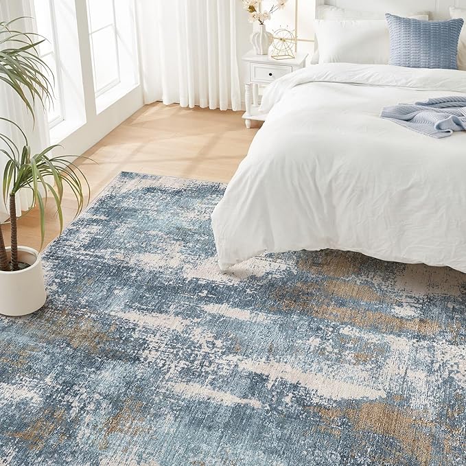 Area Rug Living Room Rugs - 9x12 Washable Large Soft Indoor Neutral Modern Abstract Low Pile Rug Carpet for Bedroom Dining Room Farmhouse Home Office - Blue Brown