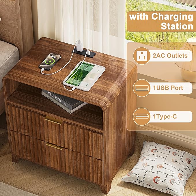 3 Pcs Dresser Closet Bedroom Set, 7 Drawer Fluted Dresser and Nightstand Set of 2 with Charging Station, Modern Bed Side Table Chest of Drawers Storage Cabinet Set for Bedroom, Living Room, Walnut