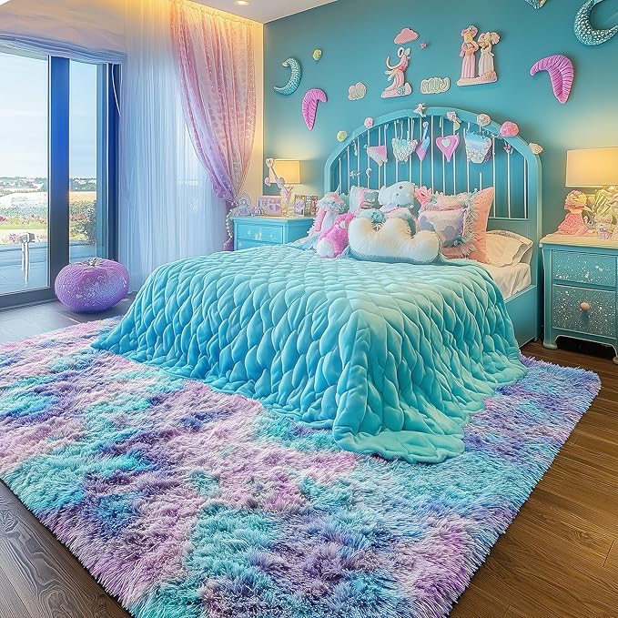PAGISOFE Cute Kawaii Purple Rainbow Rug for Girls Bedroom, 5x8 Washable Area Rug, Soft Fluffy Shag Rug for Girls Room Baby Kids Playroom Nursery Classroom Plush Furry Mermaid Rug, Fuzzy Pastel Carpet