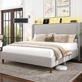 LARMACE Queen Size Bed Frame with LED Lights and Charging Station Linen Upholstered Platform Bed Frame with 51.2" Tall Wingback Headboard and Storage Shelf, No Box Spring Needed, Easy Assembly, Grey