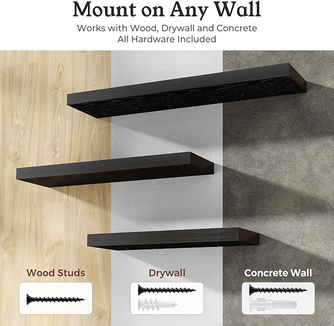 Floating Shelves for Wall, 7.9" Deep Wall Mounted Wood Shelves for Bathroom, Bedroom, Living Room, Kitchen, Hanging Shelf for Books/Storage/Room Decor (Black, 16")