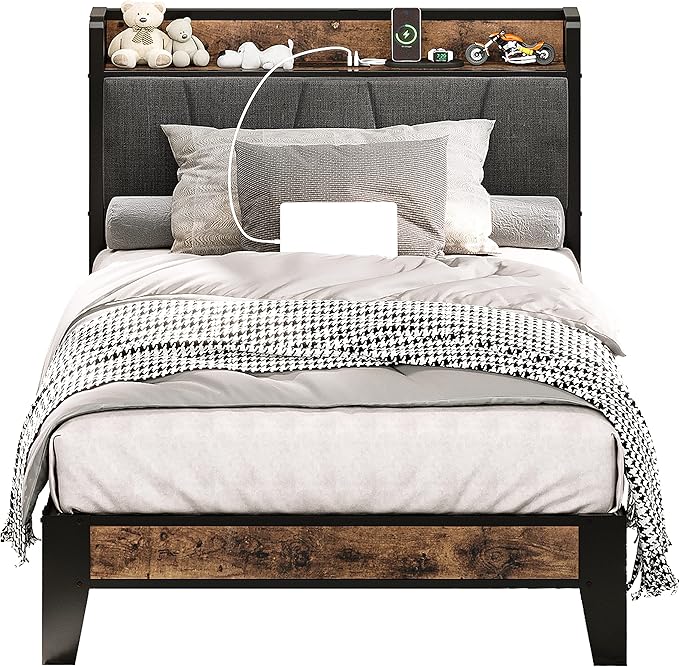 LIKIMIO Twin Bed Frames, Storage Headboard with Charging Station, Solid and Stable, Noise Free, No Box Spring Needed, Easy Assembly