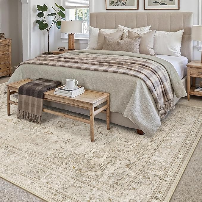 Brown 8x10 Area Rug Washable Vintage Carpet for Living Room Bedroom Large Soft Retro Floral Low Pile Thin Indoor Rug Non Slip Central Medallion Floor Cover for Dining Room Office
