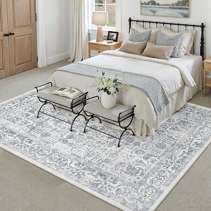 Navy Blue Area Rug 6x9 Machine Washable Vintage Living Room Distressed Non Slip Carpet Traditional Indoor Bedroom Retro Floral Accent Throw Large Rug for Office Kitchen Dining Room