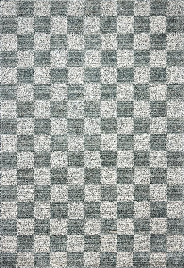 Loloi Chris Loves Julia Calvin Collection CLV-01 Blue/Ivory 7'-10" x 7'-10" Round Area Rug Checkered Neutral Soft Living Room Bedroom Carpet