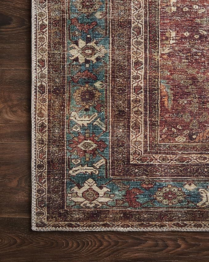 Loloi Layla Collection LAY-01 Brick/Blue 2'-6" x 9'-6" .13" Thick Runner Rug, Soft, Durable, Vintage Inspired, Distressed, Low Pile, Non-Shedding, Easy Clean, Printed, Living Room Rug