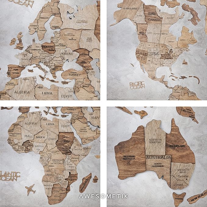 Handmade 3D Wood World Map Wall Art Large Wall Decor Track Your World Travels - Special for Home, Kitchen and Office (Large, Terra)