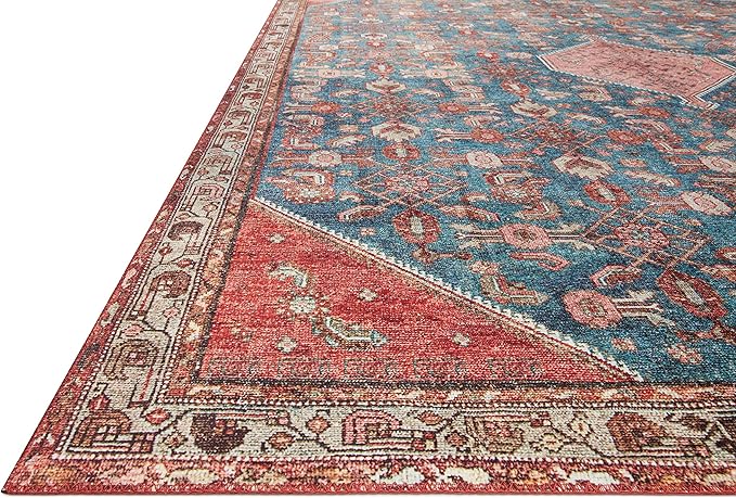 Loloi Layla Collection LAY-10 Marine/Clay 7'-6" x 9'-6" .13" Thick Area Rug, Soft, Durable, Vintage Inspired, Distressed, Low Pile, Non-Shedding, Easy Clean, Printed, Living Room Rug