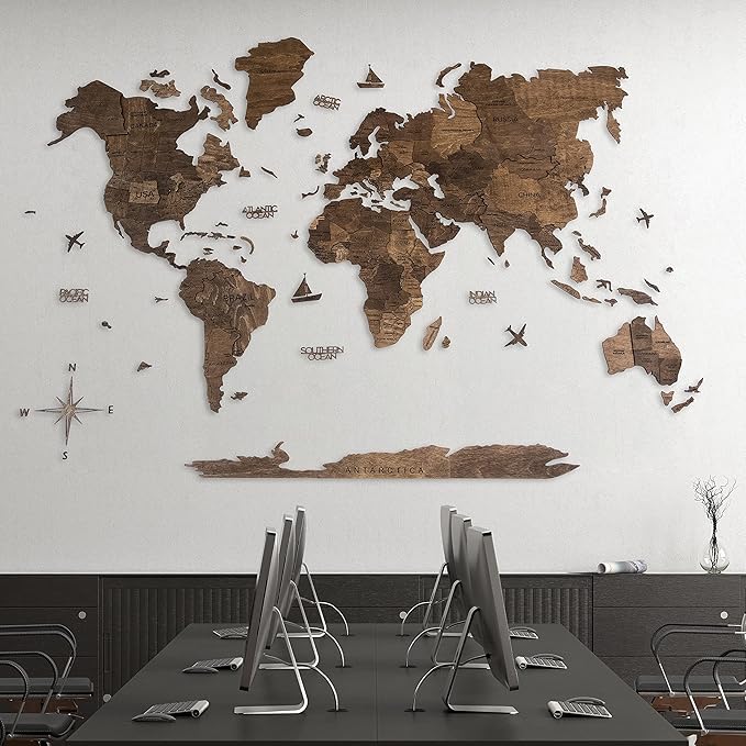 Handmade 3D Wood World Map Wall Art Large Wall Decor Track Your World Travels - Special for Home, Kitchen and Office (Medium, Walnut)
