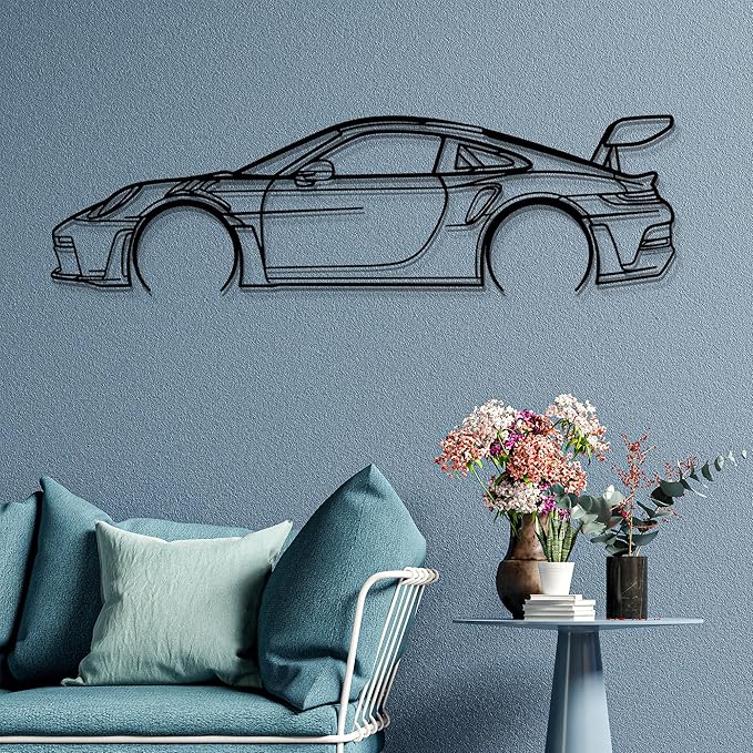 Dekory Car Wall Art – 911 GT3 RS (992) Black Metal Sports Car Silhouette, Modern Industrial Automotive Wall Decor for Garage, Living Room or Bedroom – 56 Inch (XXL)