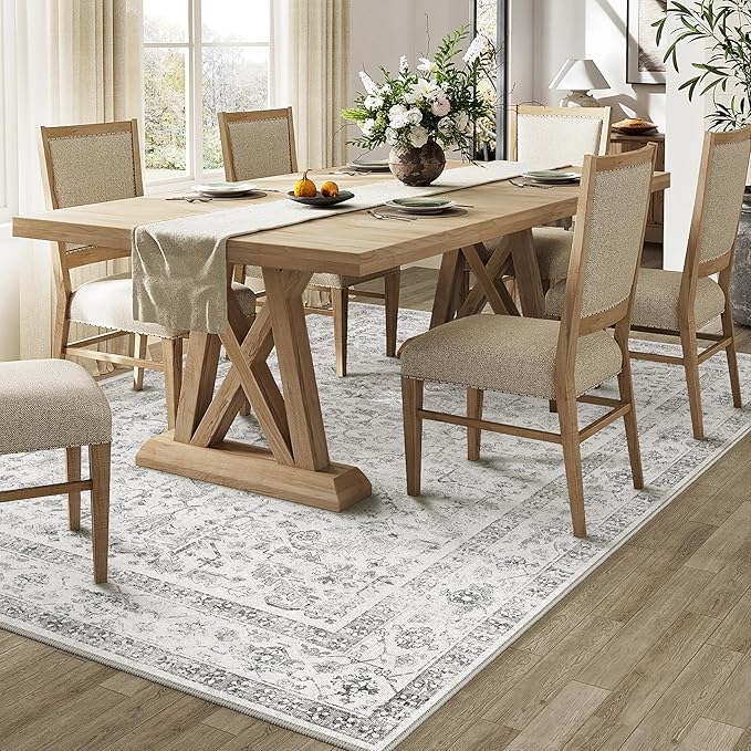 Grey 8x10 Area Rug Vintage Washable Living Room Carpet Non Slip Bedroom Indoor Office Low Pile Large Traditional Distressed Retro Accent Rug for Dining Room Bathroom Kitchen