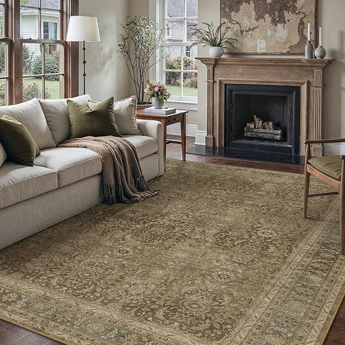 Brown 8x10 Area Rug Washable Vintage Carpet for Living Room Bedroom Large Soft Retro Floral Low Pile Thin Indoor Rug Non Slip Traditional Distressed Floor Cover for Dining Room Office