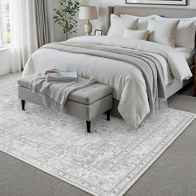 Grey 6x9 Area Rug Washable Vintage Carpet for Living Room Bedroom Large Soft Retro Floral Low Pile Thin Indoor Rug Non Slip Central Medallion Floor Cover for Dining Room Office