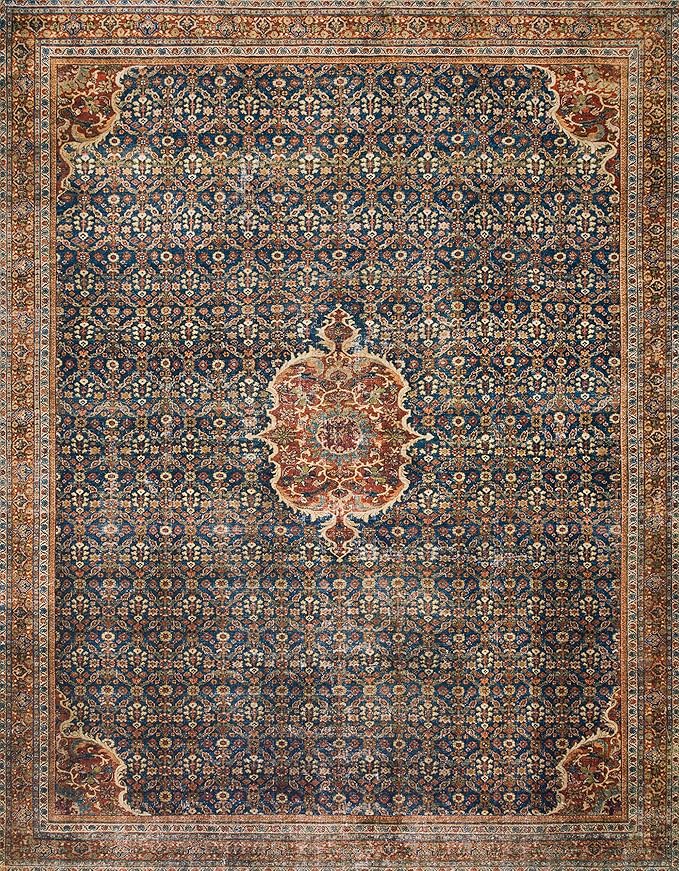 Loloi Layla Collection LAY-09 Cobalt Blue/Spice 7'-6" x 9'-6" .13" Thick Area Rug, Soft, Durable, Vintage Inspired, Distressed, Low Pile, Non-Shedding, Easy Clean, Printed, Living Room Rug