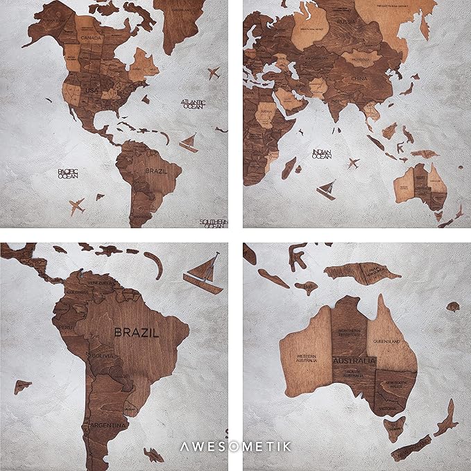 Handmade 3D Wood World Map Wall Art Large Wall Decor Track Your World Travels - Special for Home, Kitchen and Office (Large, Oak)