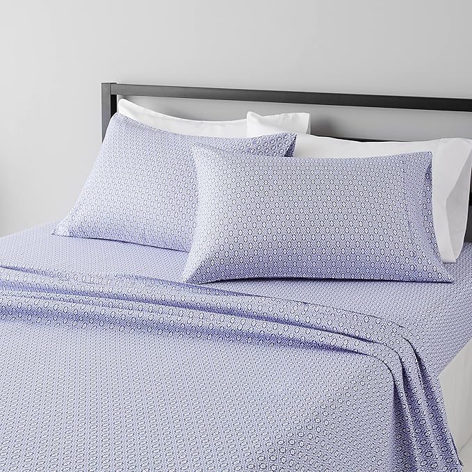 Amazon Basics Lightweight Super Soft Easy Care Microfiber 4 Piece Bed Sheet Set With 14" Deep Pockets, Queen, Blue Damask, Printed