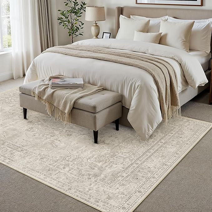 Beige 5x7 Area Rug Washable Vintage Carpet for Living Room Office Soft Retro Floral Low Pile Thin Indoor Rug Non Slip Central Medallion Floor Cover for Bedroom Dining Room