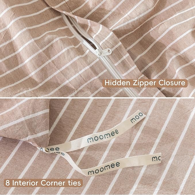 MooMee Striped Duvet Cover Set 100% Washed Cotton Linen Like Textured Breathable Durable Soft Comfy (Orange White Wide Stripes, Super King 108"x98")