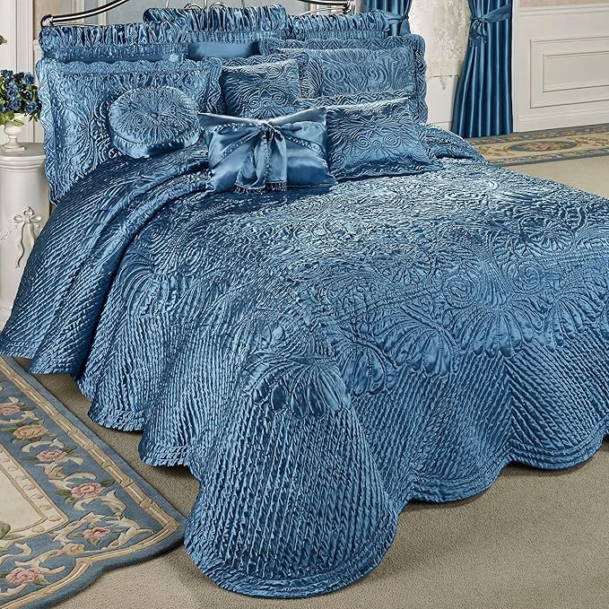 Touch of Class Portia Luxury Bedding | Rich Sapphire Blue | Premier Quilted Polyester Satin | Romantic Hand Guided Machine Quilted Scroll Design 3 Piece Set: King Oversized Bedspread, 2 King Shams
