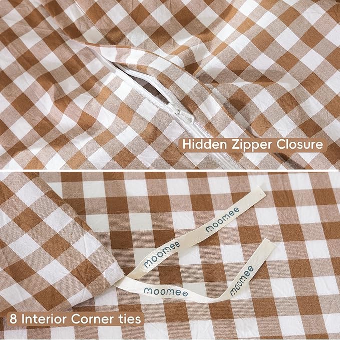 MooMee Gingham Duvet Cover Set 100% Washed Cotton Linen Like Textured Breathable Durable Soft Comfy Modern Checkered Design (Dark Orange Gingham, Cal King 104"x98")