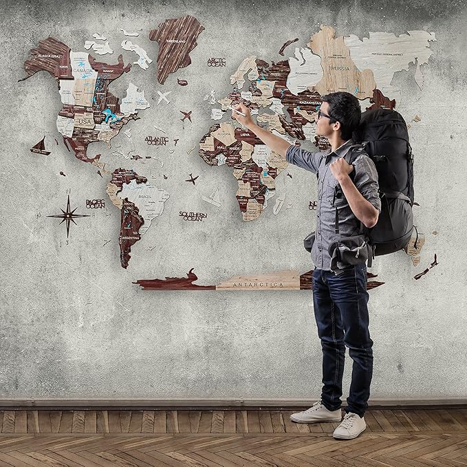 Handmade 3D Wood World Map Wall Art Large Wall Decor Track Your World Travels - Special for Home, Kitchen and Office (Medium, Cappuccino)
