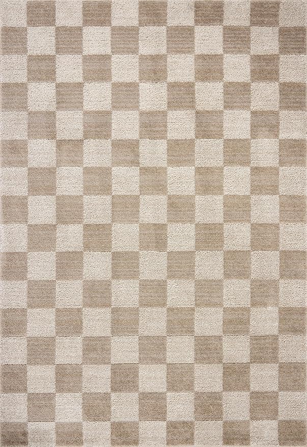 Loloi Chris Loves Julia Calvin Collection CLV-01 Pebble/Ivory 6'-3" x 9'-6" Area Rug Checkered Neutral Soft Living Room Bedroom Carpet