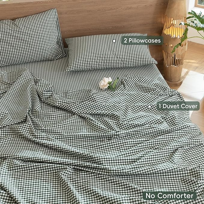 MooMee Gingham Duvet Cover Set 100% Washed Cotton Linen Like Textured Breathable Durable Soft Comfy Modern Checkered Design (Mini Gingham Forest Green, King 104"x90")